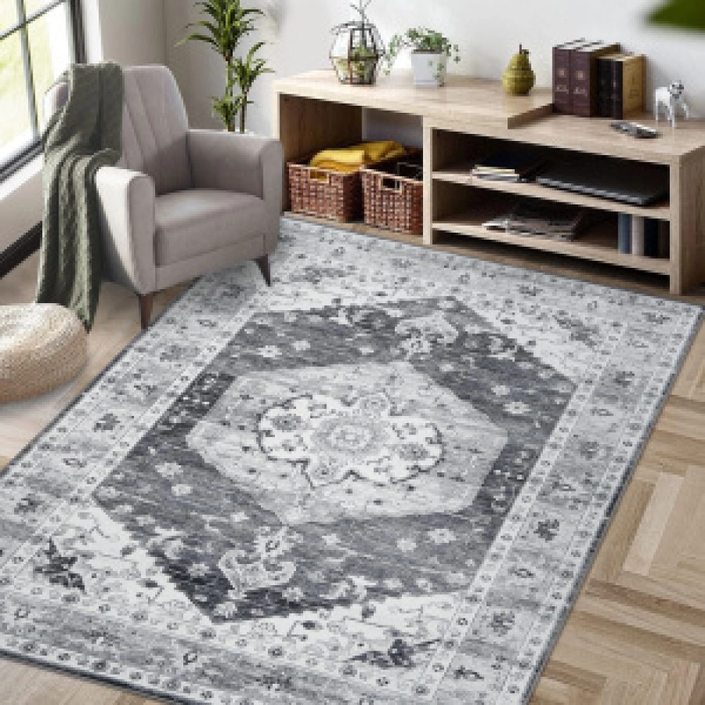 RUGSREAL Vintage 5x7 Area Rugs Boho Large Washable Area Rug for Living Room Bedroom Floral Print Floor Carpet Low-Pile Indoor Soft Non-Slip Accent Rug Floor Carpet Mat, 5x7 Grey