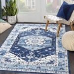 RUGSREAL Vintage 5x7 Area Rugs Boho Large Washable Area Rug for Living Room Bedroom Floral Print Floor Carpet Low-Pile Indoor Soft Non-Slip Accent Rug Floor Decoration, 5x7 Blue