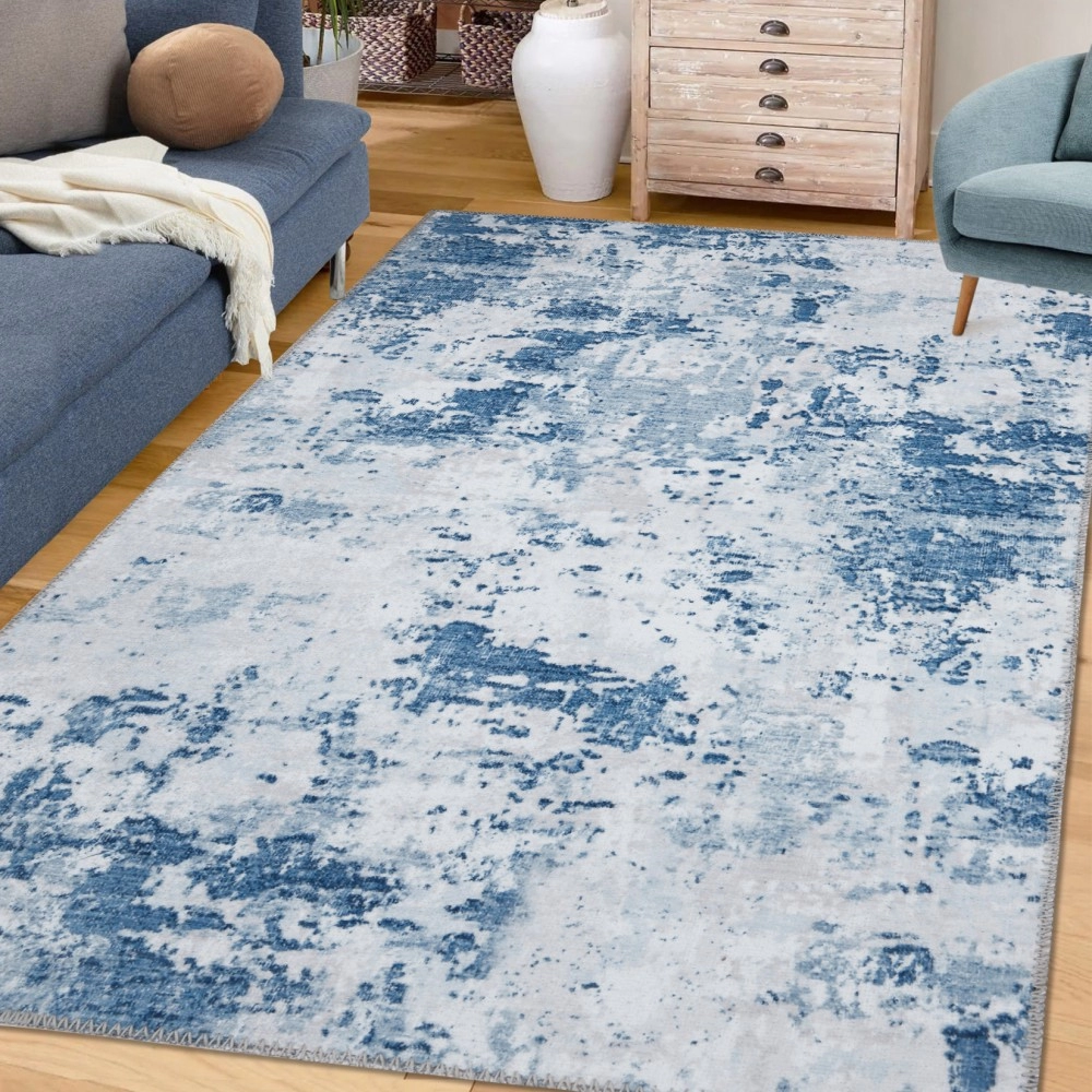 RUGSREAL Abstract Area Rug 9x12 Machine Washable Area Rug Modern Fuzzy Area Rug Low Pile Non-Slip Foldable Thin Rug for Living Room Bedroom Dining Room, Blue