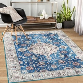  RUGSREAL 8x10 Area Rug Large Rug Washable Rugs Traditional Medallion Area Rug Vintage Printed Rug Non Slip Low Pile Carpet Vintage Living Room Rug Oriental Rug