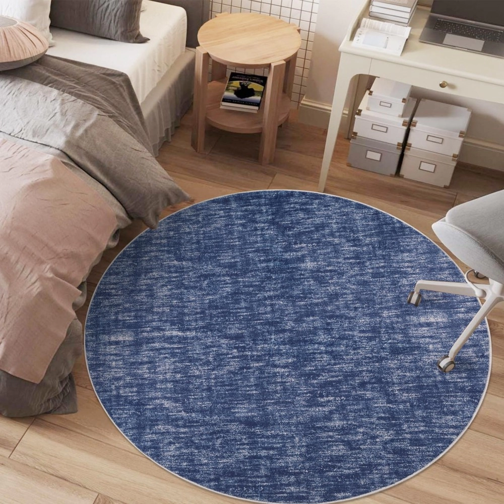 RUGSREAL Washable 4ft Round Rug Modern Solid Area Rug Indoor Non-Slip Throw Carpet Contemporary Area Rug for Bedroom Living Room Nursery, 4' x 4' Round Blue