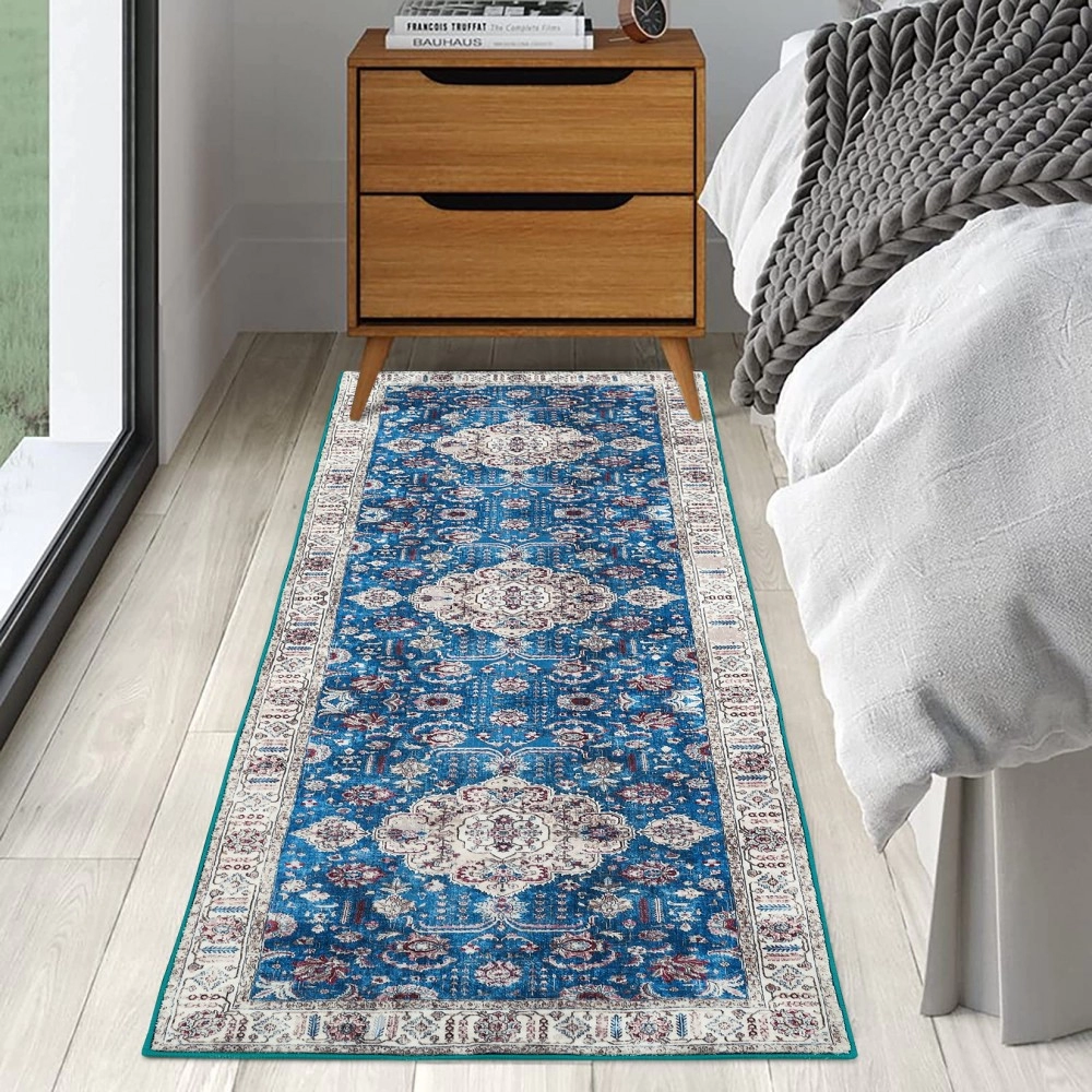 RUGSREAL Area Rug 2x6 Runner Rug Border Hallway Rug Medallion Boho Washable Rug Runner Vintage Non-Slip Low-Pile Accent Rug for Kitchen Bedroom Living Room, Blue