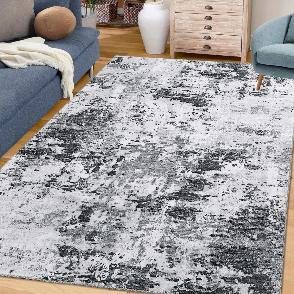 RUGSREAL Abstract Area Rug 9x12 Machine Washable Area Rug Modern Fuzzy Area Rug Low Pile Non-Slip Foldable Thin Rug for Living Room Bedroom Dining Room, Grey