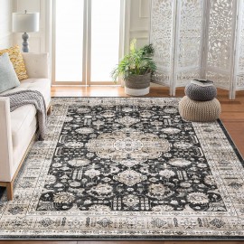 RUGSREAL Washable Area Rug 9x12 Large Boho Vintage Rug Oriental Medallion Area Rug, Stain-Resistant Non Shedding Rug Living Room Bedroom Soft Accent Rug Farmhouse Office Home Decor, Black