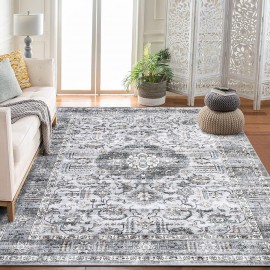 RUGSREAL Washable Area Rug 9x12 Large Boho Vintage Rug Oriental Medallion Area Rug, Stain-Resistant Non Shedding Rug Living Room Bedroom Soft Accent Rug Farmhouse Office Home Decor, Grey