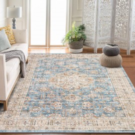 RUGSREAL Washable Area Rug 9x12 Large Boho Vintage Rug Oriental Medallion Area Rug, Stain-Resistant Non Shedding Rug Living Room Bedroom Soft Accent Rug Farmhouse Office Home Decor, Blue