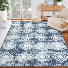 RUGSREAL Washable Area Rug 9x12 Large Moroccan Rug Geometric Modern Area Rug, Stain-Resistant Non Shedding Rug Living Room Bedroom Soft Accent Rug Farmhouse Office Home Decor Blue