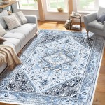 RUGSREAL Area Rug 8x10 Washable Rugs Vintage Floral Rug Vintage Area Rug Blue Rug for Living Room Non-Shedding Stain Resistant Playroom Mat, Indoor Printed Washable Floor Carpet,Blue 8x10