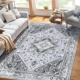 RUGSREAL Area Rug 8x10 Washable Rugs Vintage Floral Rug Vintage Area Rug Grey Rug for Living Room Non-Shedding Stain Resistant Playroom Mat, Indoor Printed Washable Floor Carpet,Grey 8x10