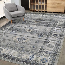 RUGSREAL 5x7 Rug Washable Rug Indoor Non-Slip Stain Resistant Large Area Rug for Living Room Throw Carpet Medallion Distressed Rug Oriental Accent Rug for Bedroom Office Nursery, Grey