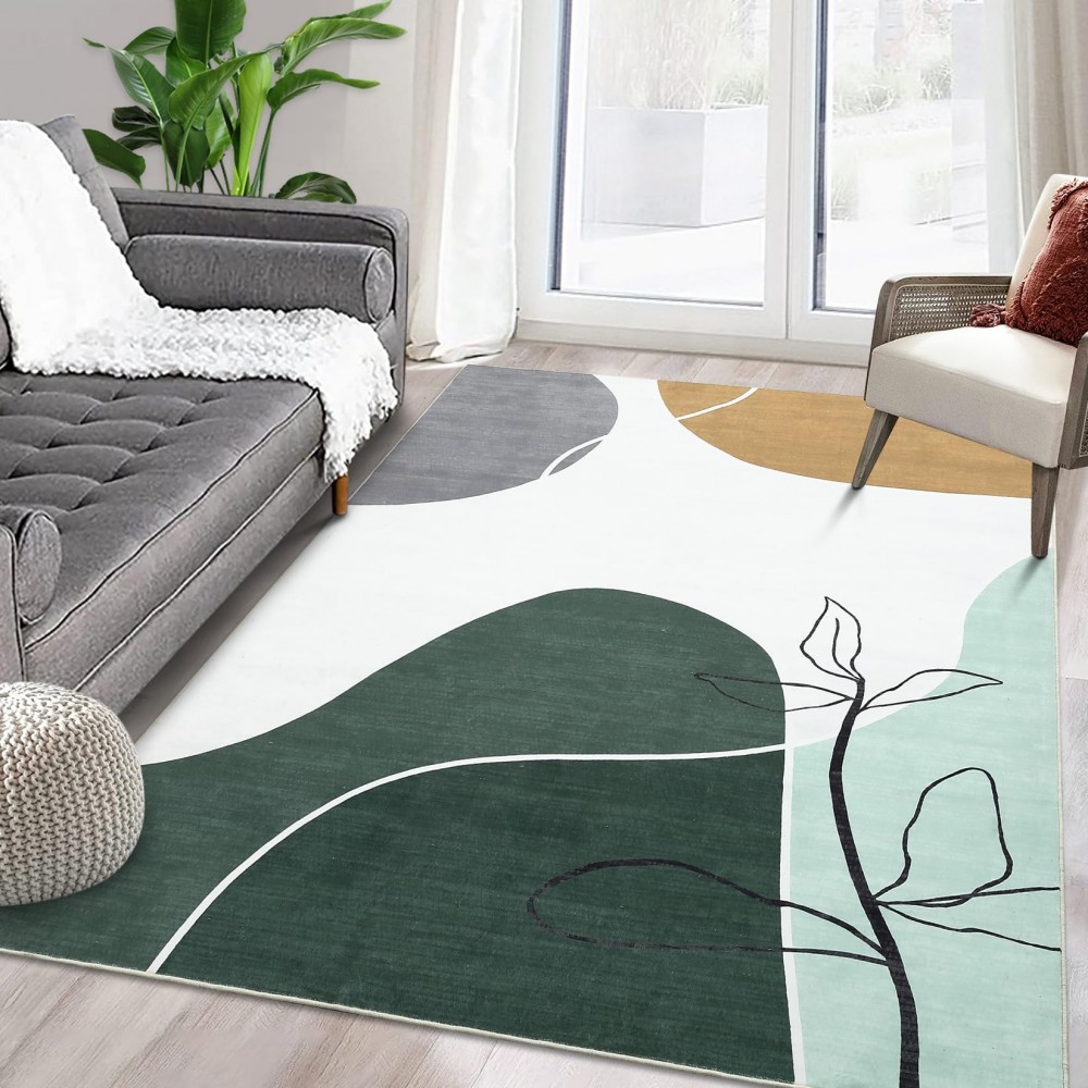 RUGSREAL Large Living Room Rug 8x10 Modern Area Rug Washable Rug Indoor Contemporary Floor Carpet Botanical Rug Minimalist Area Rug Boho Rug for Bedroom Kitchen Nursery, Green