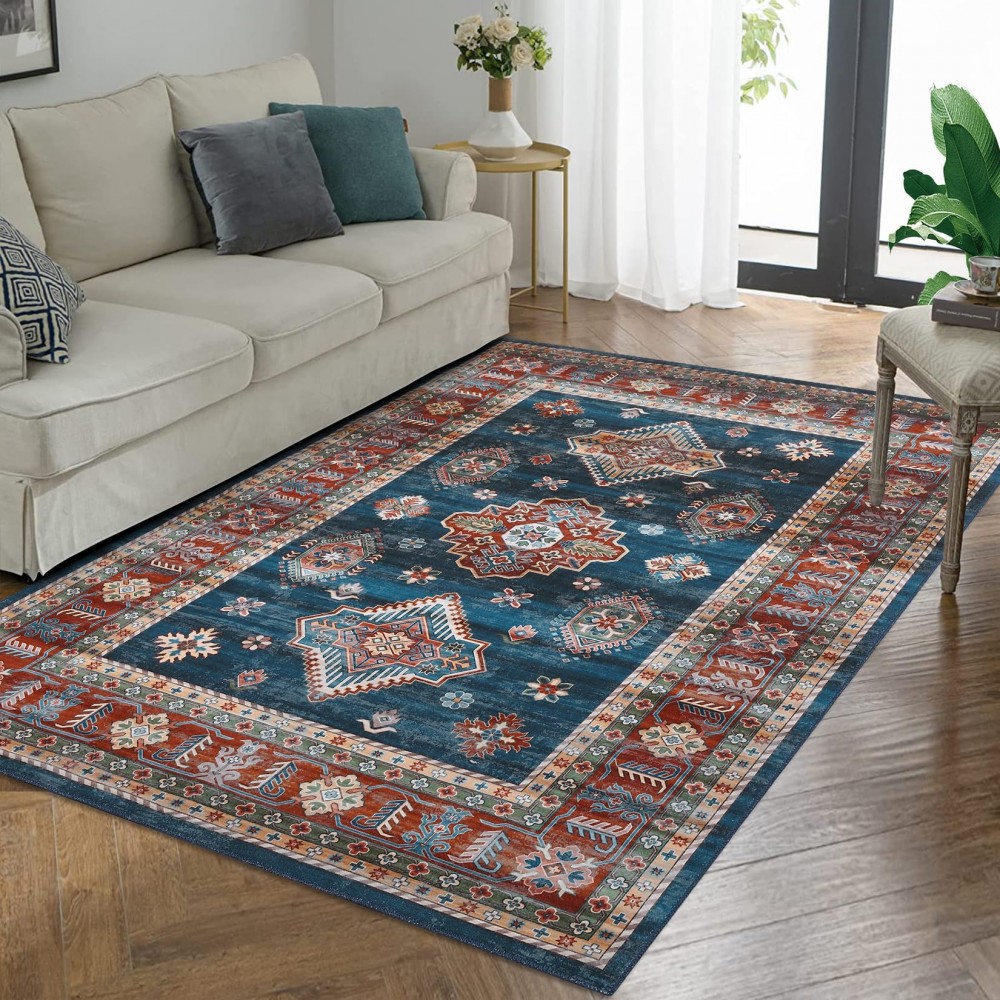 RUGSREAL 5x7 Rug Washable Rug Indoor Non-Slip Stain Resistant Large Area Rug for Living Room Throw Carpet Medallion Distressed Rug Oriental Accent Rug for Bedroom Office Nursery, Blue