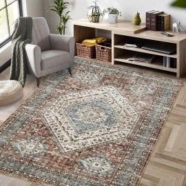 RUGSREAL Large Washable Area Rug 9x12 Washable Boho Rug Vintage Rug Boho Chic Medallion Distressed Non-Slip Non-Shedding Living Room Bedroom Dining Home Office Area Rug (Brown')