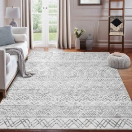 RUGSREAL 9x12 Area Rug Extra Large Machine Washable Rug Modern Boho Distressed Area Rug Geometric Moroccan Stain Resistant Non-Slip Floor Cover Carpet Rug Accent Rug for Living Room Bedroo, Grey