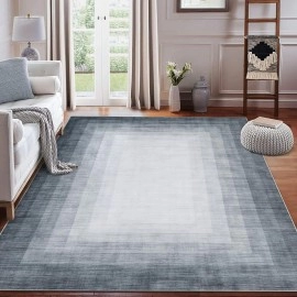 RUGSREAL 9x12 Area Rug Extra Large Rug Machine Washable Modern Ombre Area Rug Contemporary Border Gradient Accent Rug Stain Resistant Non-Slip Floor Cover Carpet Rug for Living Room Bedroom, Grey