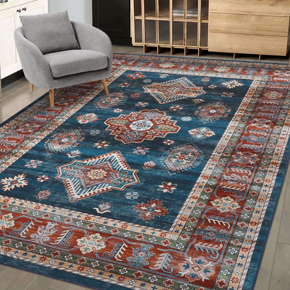 RUGSREAL 9x12 Area Rug Large Living Room Rug Washable Rug Oriental Accent Distressed Medallion Rug Non-Slip Stain Resistant Indoor Floor Carpet for Bedroom Nursery Office, Blue