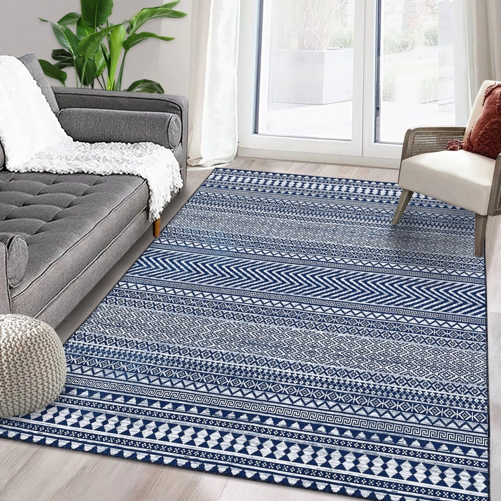 RUGSREAL 5 x 7 Machine Washable Area Rug Boho Geometric Area Rug Farmhouse Non-Slip Stain Resistant Modern Rug for Living Room Home Office, Navy Blue 5' x 7'