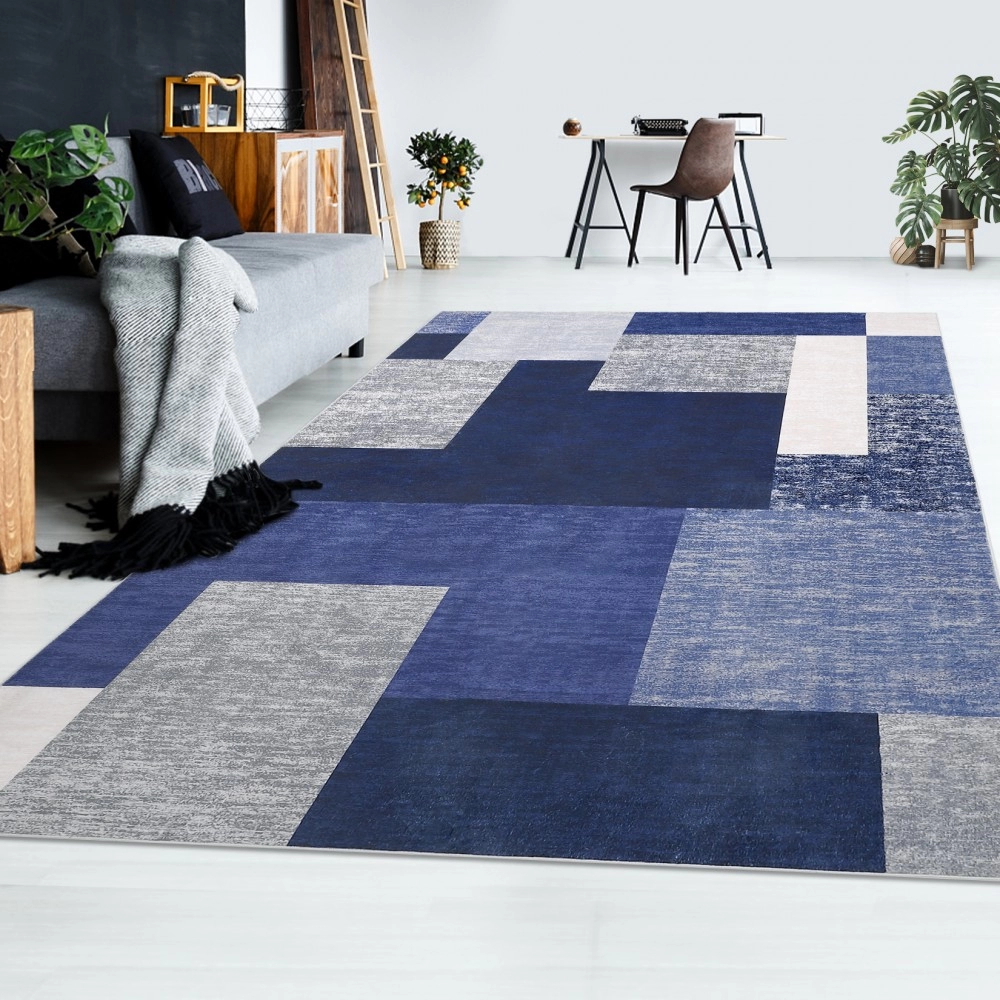 RUGSREAL Large are Rug Indoor Non-Slip Area Rug Modern Geometric Area Rug Machine Washable Area Rug Contemporary Area Rug for Living Room Bedroom Kids Room, 9' x 12' Blue