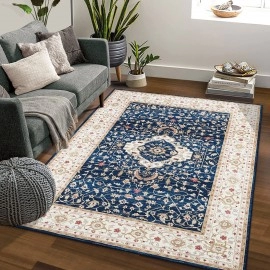 RUGSREAL 9x12 Area Rug Rug Washable Area Rug Large Living Room Bedroom Area Rug Non-Slip Floor Carpet Boho Rug Vintage Distressed Area Rug for Nursery Home Office, Blue