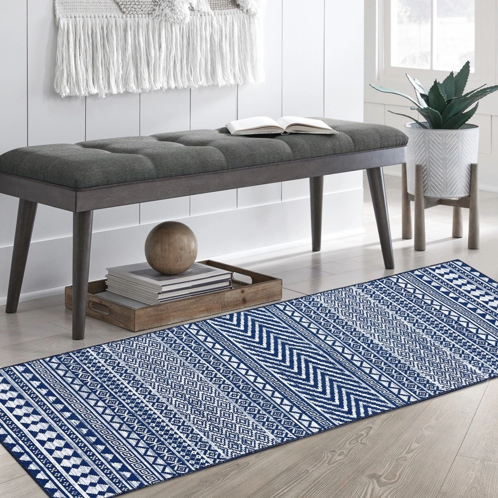 RUGSREAL 2' x 12' Runner Rug Extra Long Hallway Runner Rug Washable Indoor Runner Rug Non-Slip Boho Kitchen Runner Rug Geometric Runner for Living Room Bedroom Laundry, Navy 2'x12'