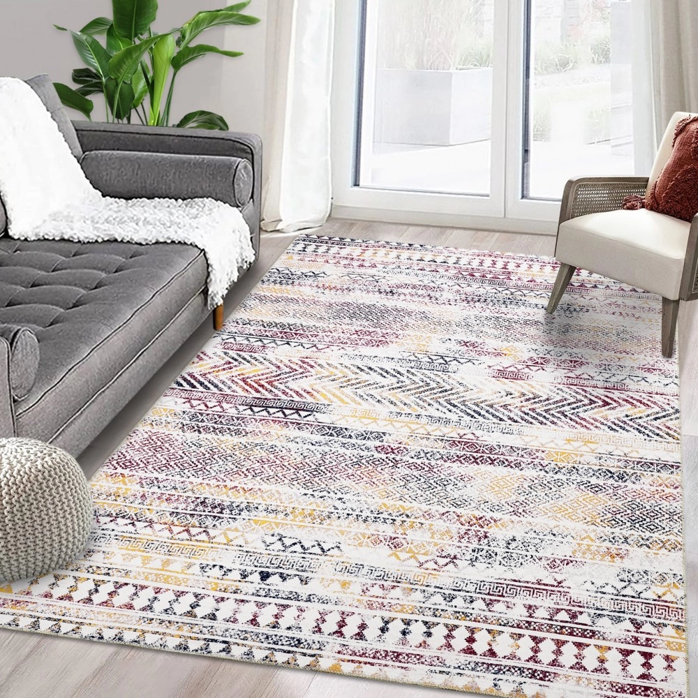 RUGSREAL Machine Washable Area Rug Boho Rug for Living Room Low Pile Non-Slip Rug Stain Resistant Area Rug for Bedroom Home Office, 8' x 10'