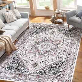 RUGSREAL Area Rug 8x10 Washable Rugs Vintage Floral Rug Vintage Area Rug Pink Rug for Living Room Non-Shedding Stain Resistant Playroom Mat, Indoor Printed Washable Floor Carpet,Pink 8x10